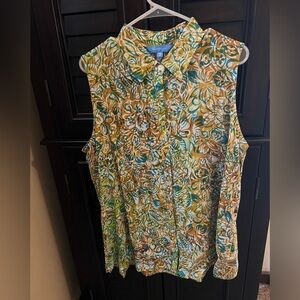 Blue Ginger Sleeveless Button Down Shirt - Tan and Blue Floral